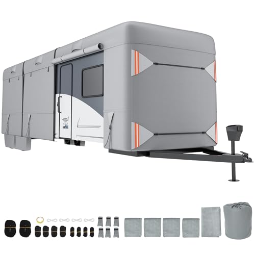 RV Cover 24-27 ft, Heavy Duty Travel Trailer Cover, Upgraded Windproof Waterproof Camper Cover with Gutter Cover, Tire Cover, Reflective Strips 24-27f