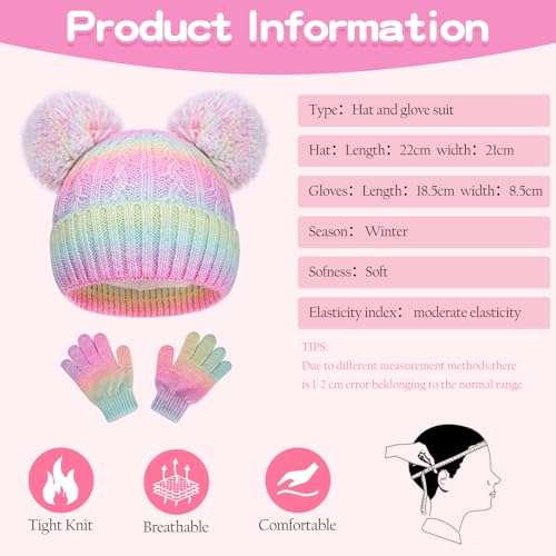 Kids' Winter Knit Beanie & Mittens Set, Fleece-Lined Warm Hat with Double Pom-Pom, Soft Knit Cap & Gloves for Girls & Boys2