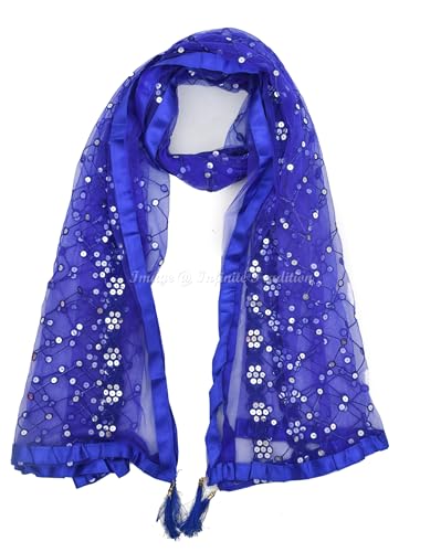 Net Dupatta/Chunni/Neck Scarf Embroidered with Sequins Royal Blue for Women's/Girls 85x44 Inch - 1 Piece