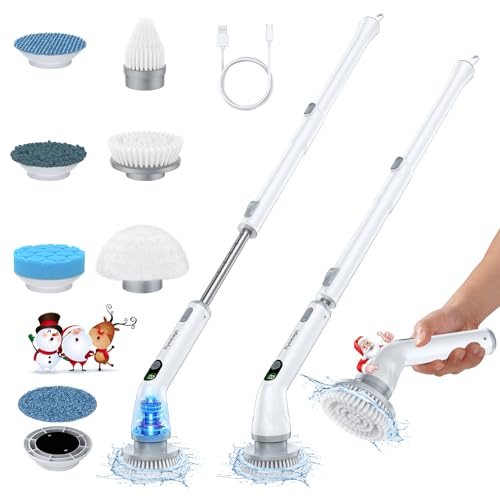 Hymeago Electric Spin Scrubber, Dual Speeds Cleaning Brush Scrubber with 6 Replaceable Brush Heads and Display, Cordless Power Scrubber with Adjustable & Detachable Handle for Bathroom Kitchen Car