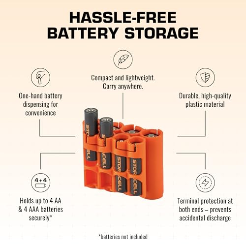 Storacell AA + AAA Combo Battery Storage Caddy and Dispenser (Pack of 2), Orange, Holds 4 AA + 4 AAA Batteries (Not Included), Durable & Compact Design, The Original Battery Caddy, Made in USA - Thumbnail 4