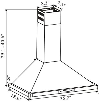 Dimensional diagram of Winflo Range Hood W103B36D