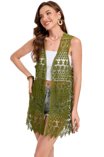 Image of GLEAMISS Women's Crochet Floral Vest Lace Trim Boho Sleeveless Cardigan