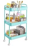 Amatic 3-stöckiger Utility Wagen mit doppelten Griffen und feststellbaren Rollen, klappbarer Küchen und Badregal Rollwagen