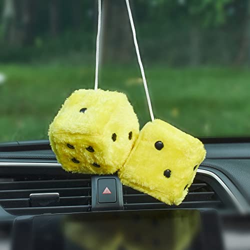Image of 2.95'' Retro Fuzzy Plush Dice Car Charm Square Plush Dice Car Rear View Mirror Hanging Ornament Vehicle Mirror Hanging Accessories, Yellow