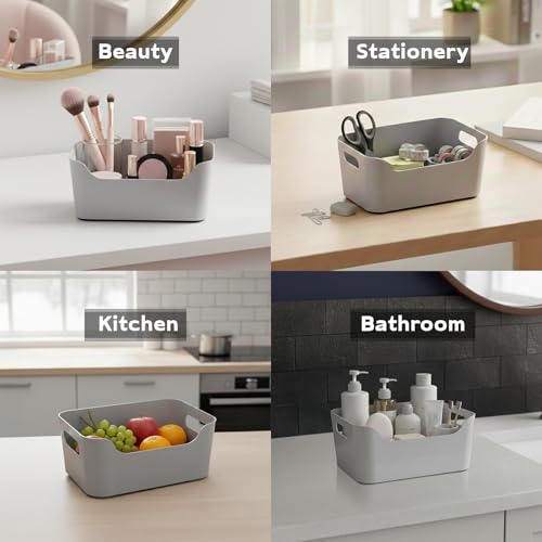 Image of KOLORR Jolly Plastic Small Baskets with Handle for Storage Box| Multipurpose Light Weight Plastic Baskets organiser for Make-up Stationary Cosmetics Kitchen Livingroom Bathroom | Pack of 3 - Grey