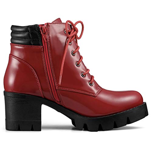 Allegra K Allegra K Women's Round Toe Chunky Heels Lace Up Zipper Red Combat Boots 7 M US
