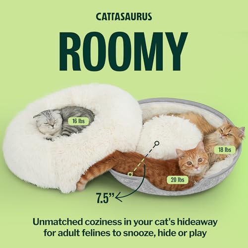 Image of CATTASAURUS Peekaboo Cat Cave for Multiple & Large Cats Up to 30-45 Lbs, Fluffy Cat Beds for Indoor Cats, Scratch Detachable & Washable Tunnel Bed, Comfy Donut Cave (Light Gray, Large (Calming))