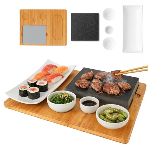 CAWI Planche à steak en pierre de lave, plateau de service, planche en bambou avec grill à pierres chaudes, plaque de cuisson à steak, plaque en pierre, barbecue de table