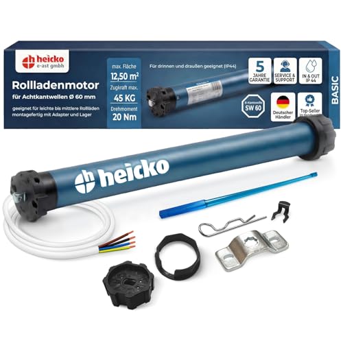 heicko Rollladenmotor | 20 Nm für SW60 Achtkantwelle | 45kg Zugkraft | Ohne Funk | Mechanische Endschalter | Leiser Rohrmotor | Wartungsfrei | IP44 Schutz für Innen und Außen