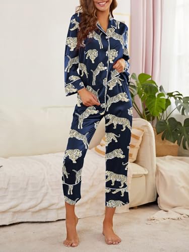 Image of Brosloth Women's Silk Satin Pajamas Pjs Sets Cute Lace Pattern Two Piece Loungewear Set Button Up Pajamas Sleepwear Black