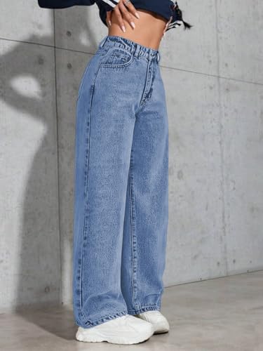 Image of Celary Women High Waisted Wide Leg Jeans||Stretch Denim Palazzo Pants||Casual Loose Fit Straight Jeans for Women & Girls
