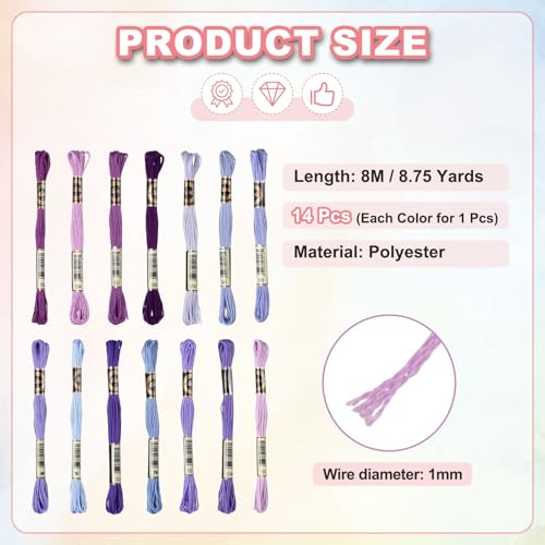Image of PATIKIL 14 Skeins Embroidery Floss Polyester Embroidery Threads Bracelets String for Cross-Stitch Hand Embroidery, Blue-Purple Gradient