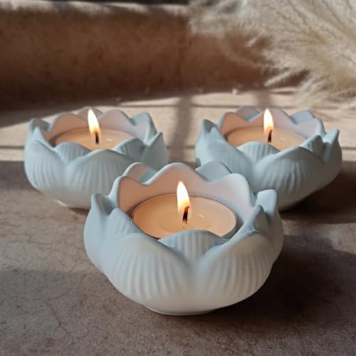 Ceramic Lotus Flower Tea Light Candle Holder, White, Medium Size, Indoor Glazed Finish, Floral Theme, 13x17x8 cm-image-20