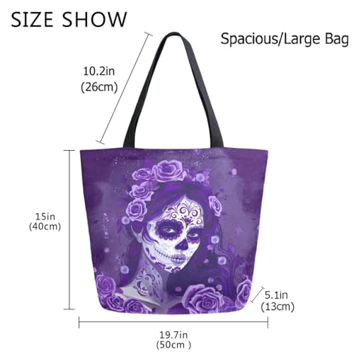 Fashion Extra Large Shoulder Grocery Tote Bag, Sugar Skull Makeup Girl Purple Canvas Daily Handle Bag for Gym Yoga Weekender Beach Travel Picnic Kitchen Reusable Market Shopping4