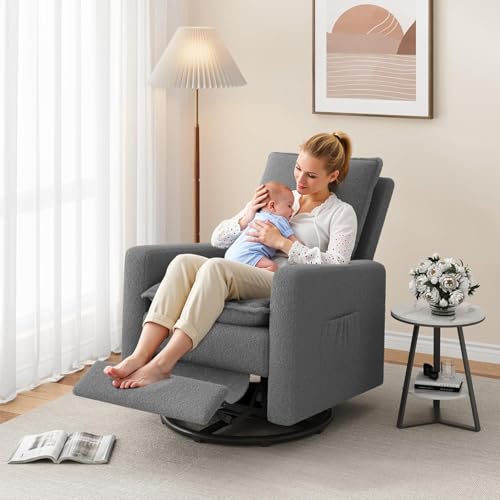 Image of Amopatio Swivel Glider Recliner for Indoor Nursery Rocker Chair Upholstered Single Sofa with Side Pockets and Footrest for Living Room Bedroom(Gray)