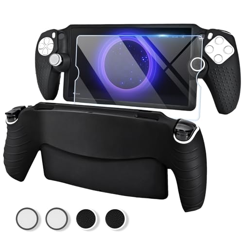 Image of EasEasy Compatible for PlayStation Portal Case, Soft Silicone Protective Cover with 9H Tempered Glass Screen Protector for PS5 Portal Anti-Scratch Skin Case with 4 Cute Thumb Grip Caps-Black