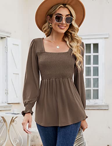 Lomon Blouses For Women Puff Long Sleeve Shirts Square Neck Cute Casual Smocked Tunic Tops Spring Fall Winter (Khaki, S) #TOP2