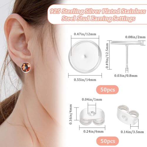 Beebeecraft 1 Box 50Pcs Cabochon Stud Earring Blanks 925 Sterling Silver Plated Stainless Steel Brass Round Prong Bezels Trays Post Studs Butterfly Backs Settings for Jewelry Making Earrings Findings - Image 2
