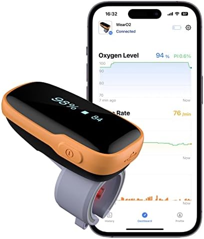 Vibeat WearO2 Pulse Oximeter Bluetooth - Oxygen Meter for Continuous Blood Oxygen and Heart Rate Tracking, Wearable Finger Oxygen Monitor with Reminder & Free APP, FSA/HSA Eligible
