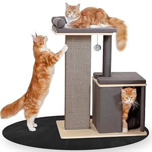 Petlinn Premium Kratzbaum, für große Katzen, stabil, extra Dicker Stamm, Katzenbaum Holz, große Liegeflächen und Höhle, 95 cm, grau, modernes Design, Katzenkratzbaum Natur-Optik
