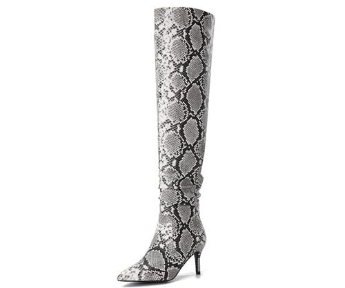 feetquake Womens Thigh High Boots Stiletto Heel Side Zipper Slouchy Leg Snake Skin Dress Shoes Casual and Comfortable Black Tall Boots for Women 11M