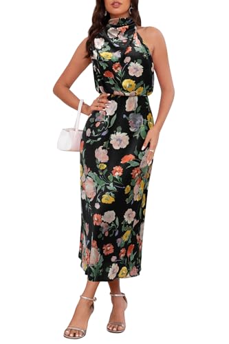 Image of Women's Satin Maxi Dress Summer Formal Wedding Guest Cocktail Dress | Mock Neck Sleeveless,Elegant Silk Midi Long Dress,High Neck,Halter,Aline,Bridesmaid,Bridal Shower Guest,Garden Party,Dinner