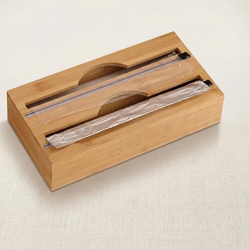 AmberHaus Bambu 2 Bölmeli Streç ve Alüminyum Folyo Kutusu | Duvara Monte Edilebilir Folyo Kesici | 17,5x9,5x10 cm | Mutfak Düzenleyici Organizer