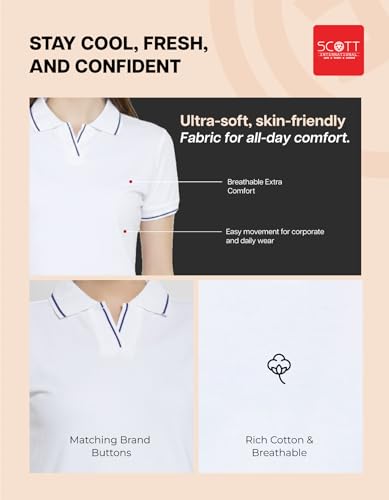 Image of Scott International Women's Cotton Polo T-Shirt | Half Sleeve Plain Collar Tee | Stylish Casual Top | Plain T-Shirt for Girls | Workwear for Office & Casual Wear