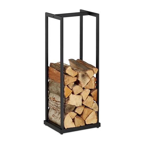 Relaxdays Leñero Alto de Metal, Soporte de Leña, Estantería para Secar Troncos, Chimenea, Estufa, 95x37x30 cm, Negro, Acero