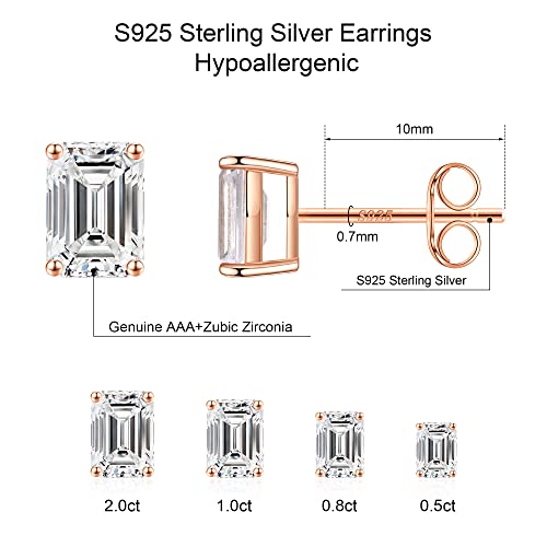 Sterling Silver Stud Earrings For Women, S925 Sterling Silver Stud Earrings Emerald Cut Cubic Zirconia Stud Earrings Hypoallergenic Rose Gold Stud Earrings For Women Girls Men #TOP1