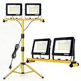 LED Work Lights with Stand, 21000 Lumen, 2-Head Adjustable Work Light, Waterproof Foldable Tripod, 6,500 Kelvin, Extended Cord for Outdoor & Indoor Job Sites, Workshops, Construction, Garage Lighting