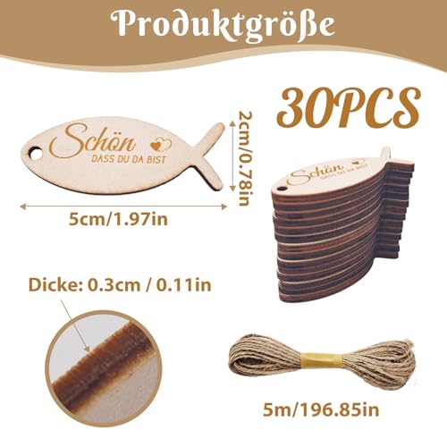 30 Stücke Holz Geschenkanhänger für Kommunion, Geschenkanhänger Taufe, Holzanhänger Fischform Holzscheiben Holzdeko, Streudeko für Kommunion, Konfirmation, Taufe, Gastgeschenke