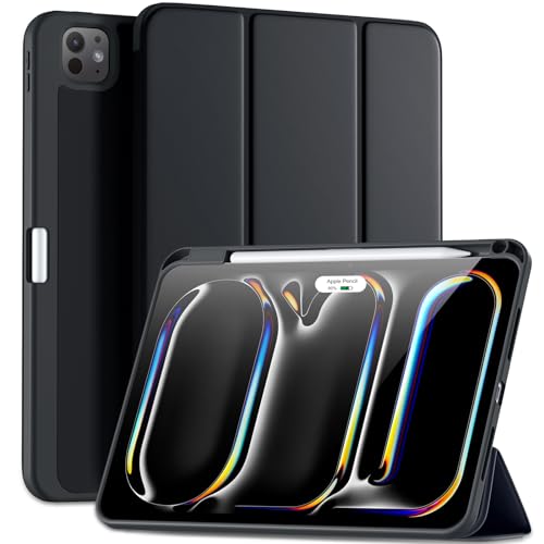 Maledan Funda para iPad Pro 11 Pulgadas 2024 (M4 5ª Generación) con Soporte Lápiz, Flexible TPU Case Admite Carga Inalámbrica Apple Pencil Pro/USB-C, Reposo/Despertar Automático, Negro