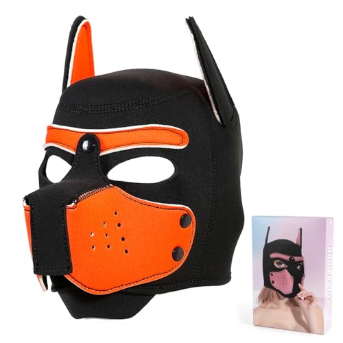 Erwachsene Neopren-Welpen-Kapuzenmaske, abnehmbare Cosplay-Hunde-Vollgesichtshaube, Welpenmaske für Halloween (Orange)
