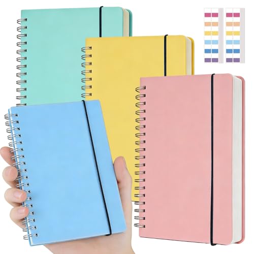 PAIKIUU 4 Pack Small Spiral Notebooks 3.5 x 5.5 in College Ruled, Mini Spiral Notebook, Waterproof 80 Sheets/160 Pages, Pocket Notebook with 120 Pcs Sticky Index Tabs for Home Office College School