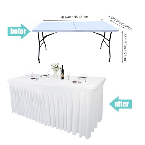 White Spandex Table Skirt for Rectangle Tables (4Ft) | 1-Pack Stretch Pleated Tablecloth for 48" L x 24" W x 30" H Rectangular Tables | Suitable for Banquets, Trade Shows, Birthday3