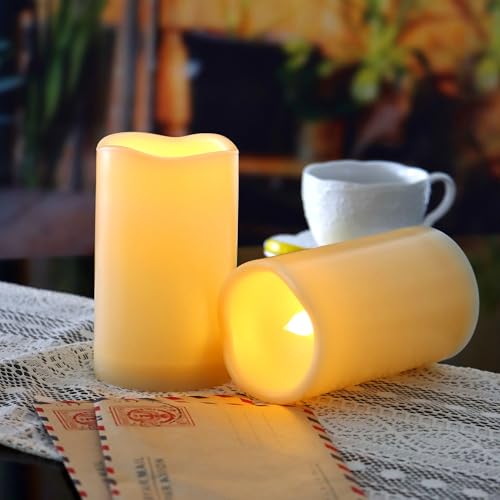 Image of CANDLE CHOICE Waterproof Outdoor Battery Operated Flameless Candles with Remote Timer Plastic Flickering Fake Electric LED Pillars for Lantern Garden Wedding Christmas Decorations 3x5 Inches 2 PCS