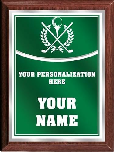 Crown Awards Golf Personalized Plaque Award, 6x8 Color Printed Metal Plate with Custom Engraving, Green with White Plaque On Wood Finish