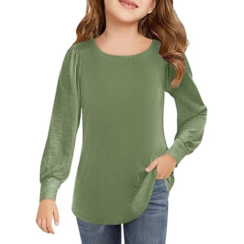 Haloumoning Girls Puff Long Sleeve Shirts Kids Casual Crewneck Soft Tunic Tops Blouse 5-14 Years Green Cover