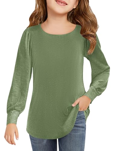 Haloumoning Girls Puff Long Sleeve Shirts Kids Casual Crewneck Soft Tunic Tops Blouse 5-14 Years Green