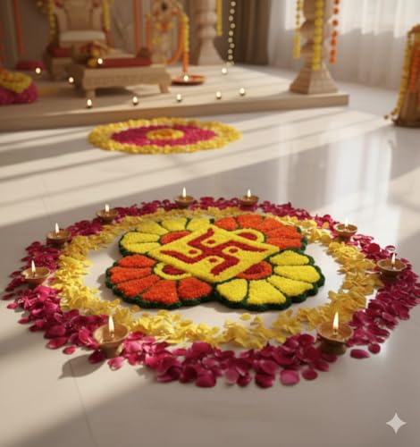 Image of Rangoli Floor Decoration Mat, Haldi & Mehndi Ceremony, Pooja and Festivals | Traditional Floral Design Decorative Mat for Home Entrance, Mandap & Event Decor
