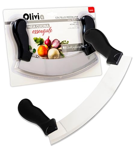 IPEA Couteau Hachoir Demi Lune avec Lame Incurvée en Acier Inoxydable - Couteau Monogame pour couper les Légumes, Herbes, Viandes, Aliments, Pizza - Manche...
