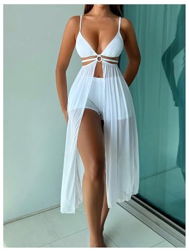 SweatyRocks Women's 2 Piece Swimsuit Sheer Mesh Flowy Top and Swim Shorts Tankini Set4