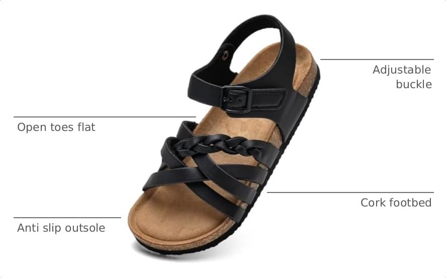 Image of Torotto Girls Sandals with Cork Footbed Adjustable Buckle Casual Slides Sandals Open Toes Flat for Kids Toddler