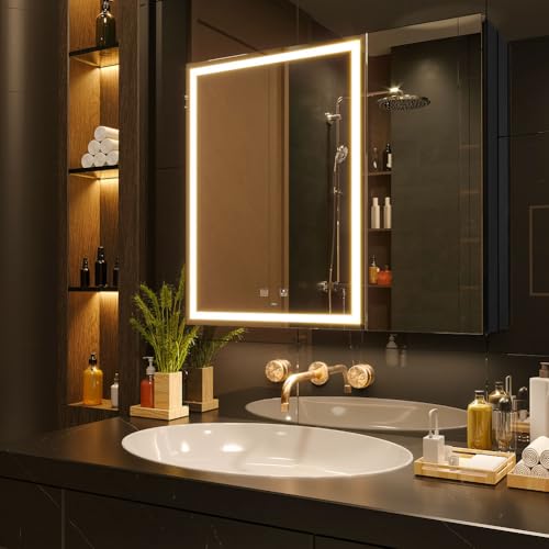 KWW 75 x 70 cm Gabinete de Baño Iluminado LED de Doble Puerta, con Espejo, Temperatura de Color Ajustable, Luz Antiniebla, Enchufe y USB, Fácil de Instalar