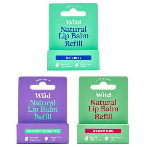 Wild - Natürlicher Nachfüllbarer Lippenbalsam - 3er-Pack Lippenbalsam in verschiedenen Duftnoten - enthält die Düfte Original, Coconut & Vanilla und Watermelon - ohne Bienenwachs