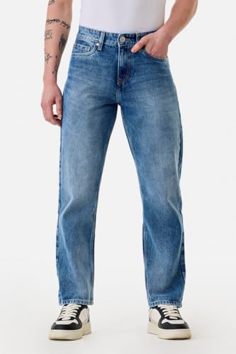 Image of SNITCH Men Casual Jeans | Relaxed Fit Straight Leg Washed Pattern & Drawstring Closure | 100% Cotton Denim Fabric for All Day Comfort & Everyday Wear