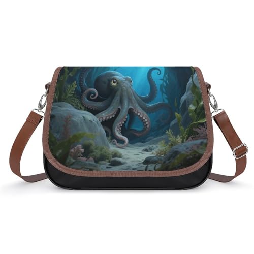 Octopus Print Crossbody Bags for Women Removable Straps And Zipper Closure Leather Shoulder Bags Womens Handbags Clutch Purse