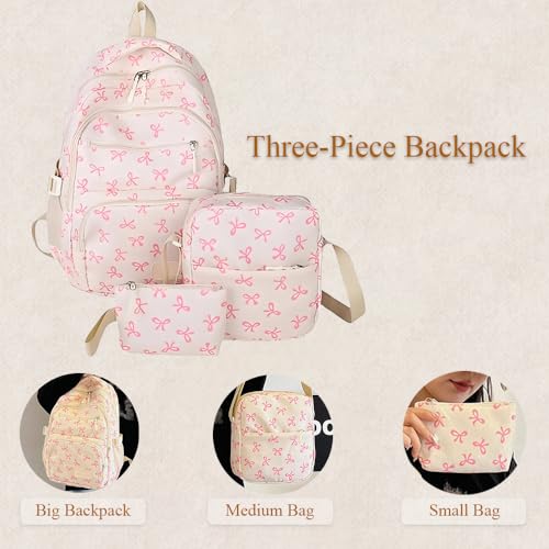 Bow Backpack For Women,3pcs Set Cute Kawaii Backpacks Set，Nylon Backpack With Bow Pattern (Black-01)3